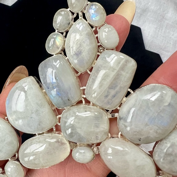 925 MOON GODDESS Rainbow Moonstone Collar Bib Necklace - Picture 9 of 16